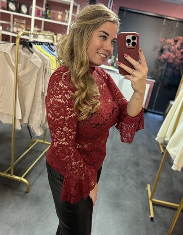 Kanten top met trompetmouwen - Bordeaux - super trendy