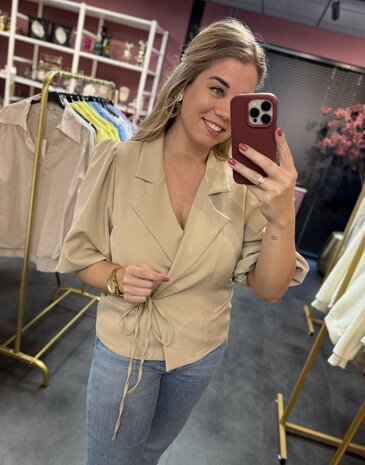 Blazer met strijkbord en ballonmouw in beige