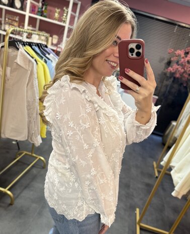 Blouse met 3D bloemen patroon en leuke ruches Wit Lange mouw