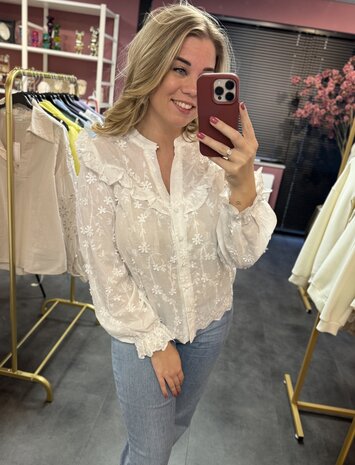 Blouse met 3D bloemen Wit Lange mouw